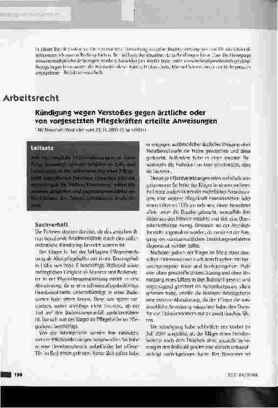 Vorschauseite 1: Kündigung wegen Verstoßes gegen ärztliche oder von vorgesetzten Pflegekräften erteilte Anweisungen