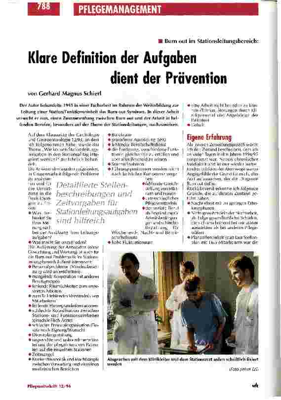 Vorschauseite 1: Burn out im Stationsleitungsbereich: Klare Definition der Azfgabe dient der Prävention