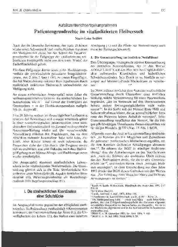 Vorschauseite 1: Aufsätze/Berichte/Stellungnahmen Patientengrundrechte im vitalindizierten Heilversuch