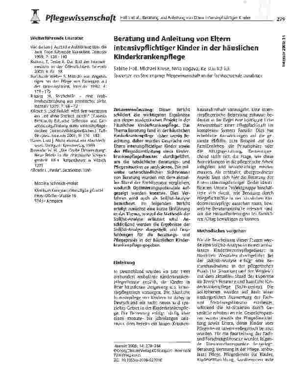 Vorschauseite 1: Beratung und Anleitung von Eltern intensivpflichtiger Kinder in der häuslichen Kinderkrankenpflege