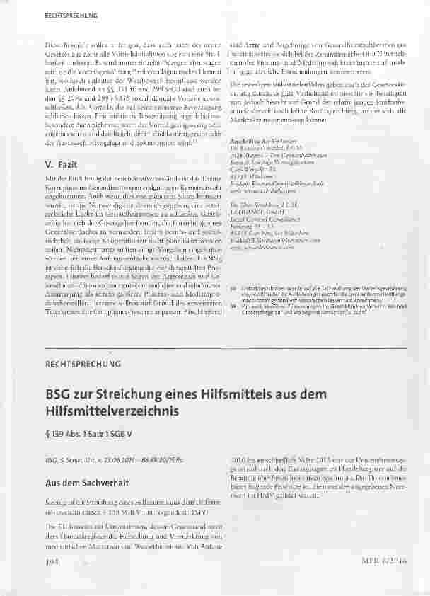 Vorschauseite 1: BSG zur Streichung eines Hilfsmittels aus dem Hilfsmittelverzeichnis §139 Abs. 1 Satz lSGBV