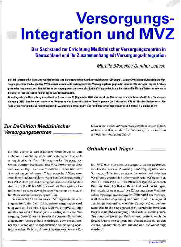 Vorschauseite 1: Versorgungs-Integration und MVZDer Sachstand zur Errichtung Medizinischer Versorgungszentren in Deutschland und ihr Zusammenhang mit Versorgungs-Integration