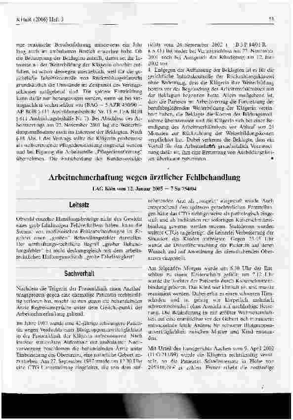 Vorschauseite 1: Arbeitnehmerhaftung wegen ärztlicher Fehlbehandlung
