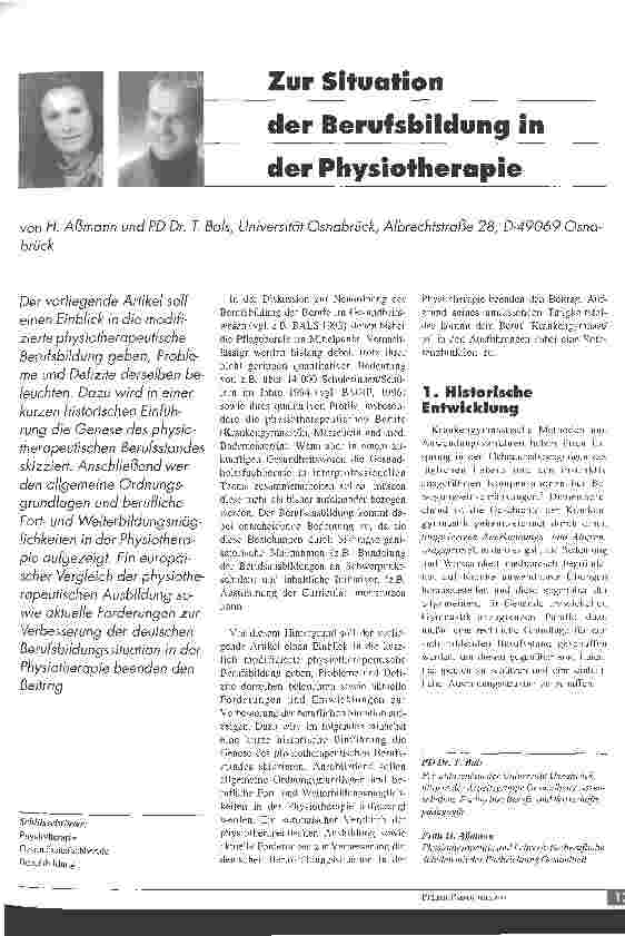Vorschauseite 1: Zur Situation der Berufsbildung in der Physiotherapie