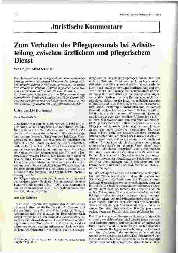 Vorschauseite 1: Zum Verhalten des Pflegepersonals bei Arbeitsteilung zwischen ärztlichem und pflegerischem Dienst