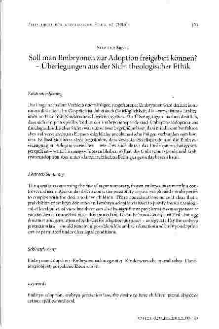 Vorschauseite 1: Soll man Embryonen zur Adoption freigeben können? - Überlegungen aus der Sicht theologischer Ethik
