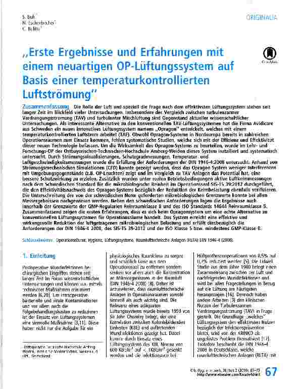 Vorschauseite 1: Erste Ergebnisse und Erfahrungen mit einem neuartigen OP-Lüftungssystem auf Basis einer temperaturkontrollierten Luftströmung
