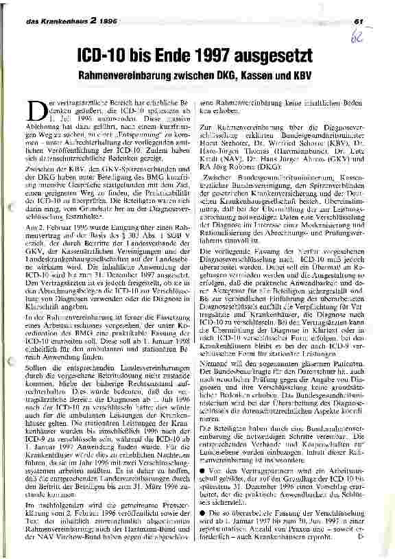 Vorschauseite 1: ICD-10 bis Ende 1997 ausgesetzt Rahmenvereinbarung zwischen DKG, Kassen und KBV