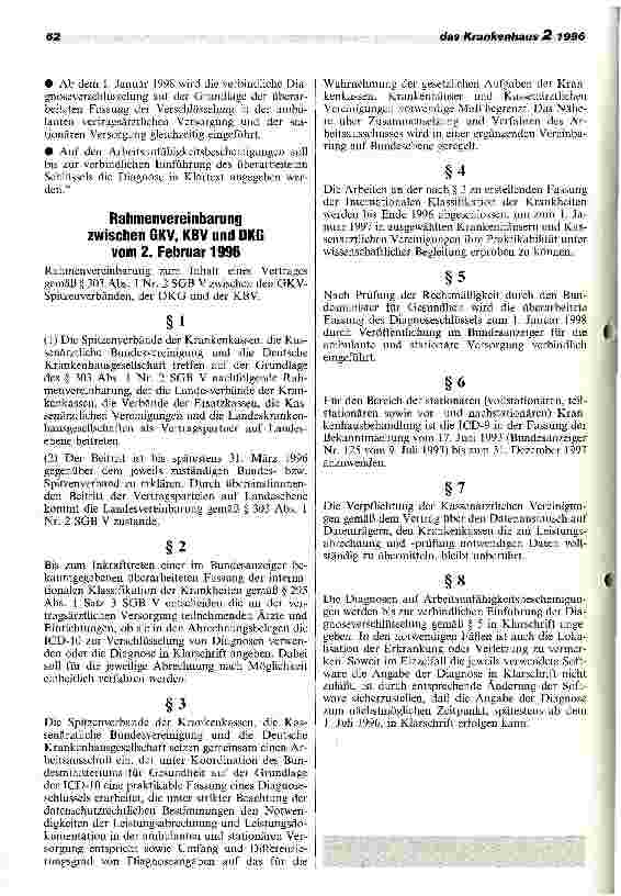 Vorschauseite 2: ICD-10 bis Ende 1997 ausgesetzt Rahmenvereinbarung zwischen DKG, Kassen und KBV