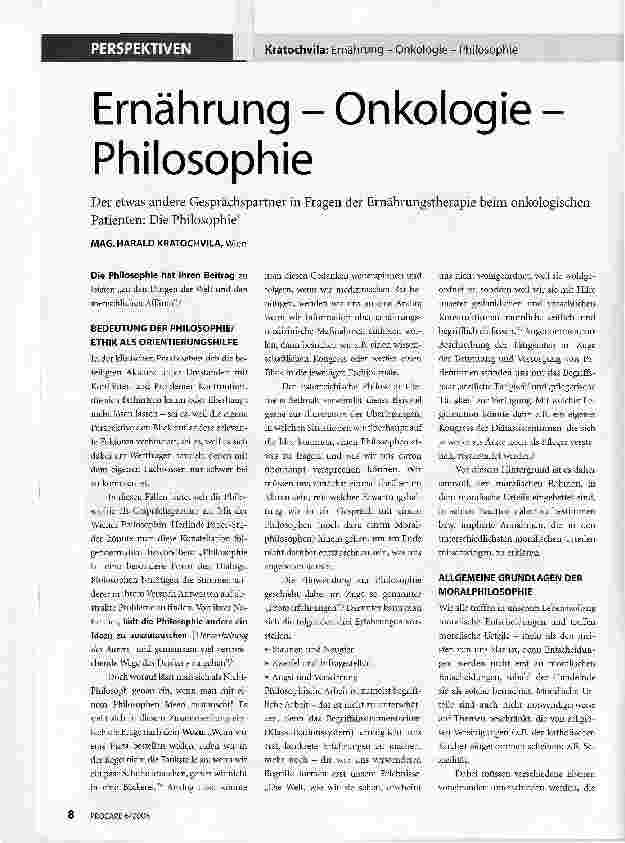 Vorschauseite 1: Ernährung - Onkologie -PhilosophieDer etwas andere Gesprächspartner in Fragen der rnährungstherapie beim onkologischen Patienten: Die Philosophie