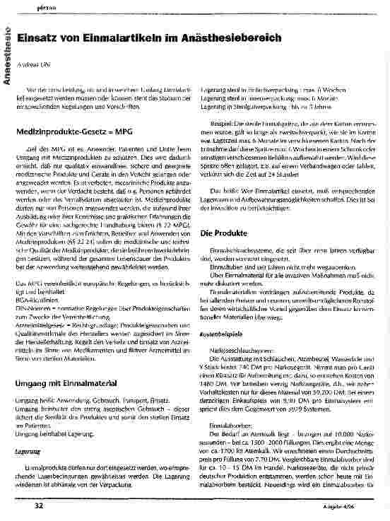 Vorschauseite 1: Einsatz von Einmalartikeln im Anästhesiebereich