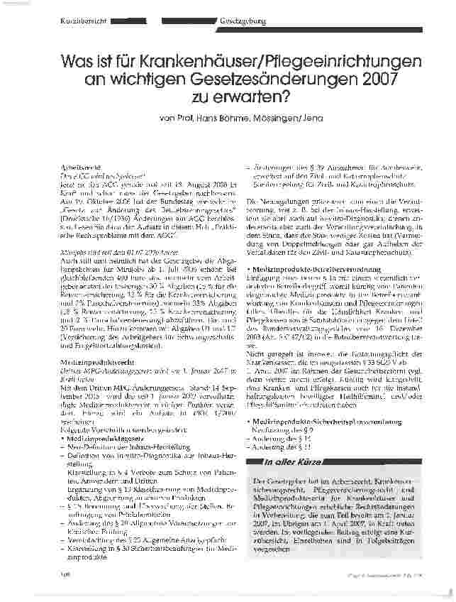 Vorschauseite 1: Was ist für Krankenhäuser/Pflegeeinrichtungen an wichtigen Gesetzesänderungen 2007 zu erwarten?