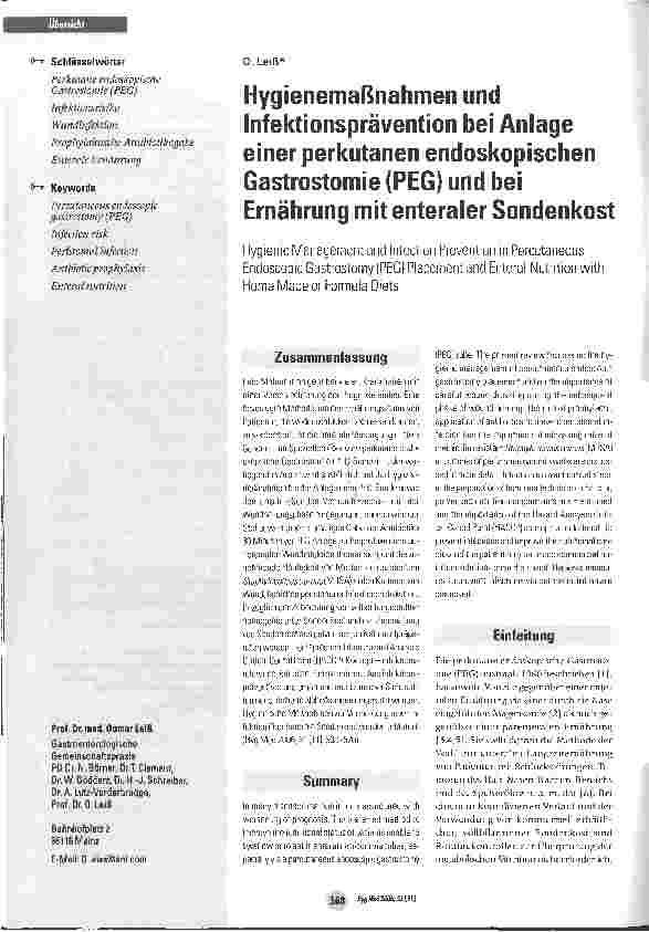 Vorschauseite 1: Hygienemaßnahmen und Infektionsprävention bei Anlage einer perkutanen endoskopischen Gastrostomie (PEG) und bei Ernährung mit enteraler Sondenkost