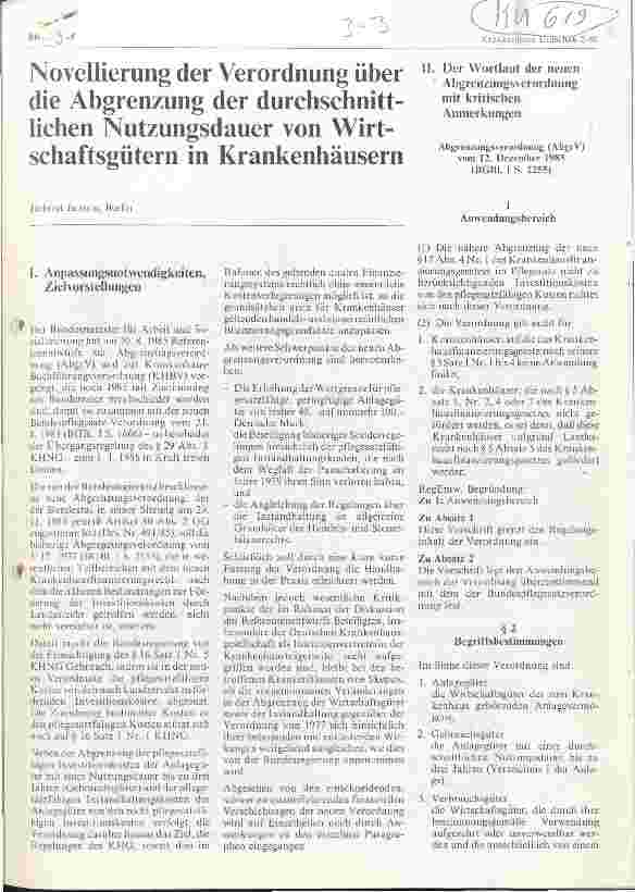 Vorschauseite 1: Novellierung der Verordnung über die Abgrenzung der durchschnittlichen Nutzungsdauer von Wirtschaftsgütern in Krankenhäusern