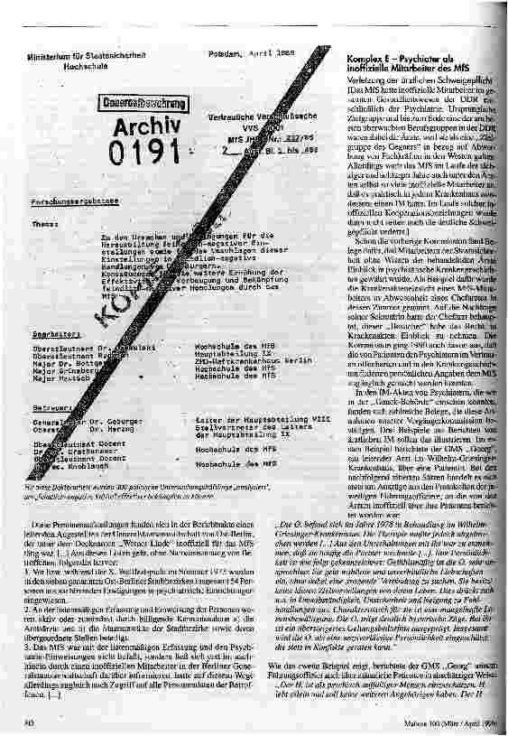Vorschauseite 3: Dokumentation Abschlußbericht der Kommission zur Aufklärung von Mißbrauch in der Ost-Berliner Psychiatrie (Auszüge)