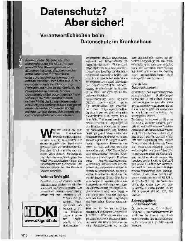 Vorschauseite 1: Datenschutz? Aber sicher! Verantwortlichkeiten beim Datenschutz im Krankenhaus