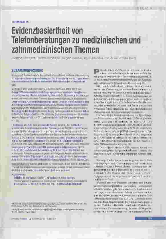 Vorschauseite 1: Evidenzbasiertheit von Telefonberatungen zu medizinischen und zahnmedizinischen Themen