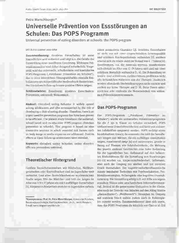 Vorschauseite 1: Universelle Prävention von Essstörungen an Schulen: Das POPS Programm