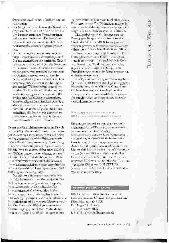 Vorschauseite 2: MEHR TRANSPARENZ UND QUALITÄT FÜR EIN WACHSENDES WOHNANGEBOTDIN-NORM 77 800 FÜR BETREUTES WOHNEN VERABSCHIEDET