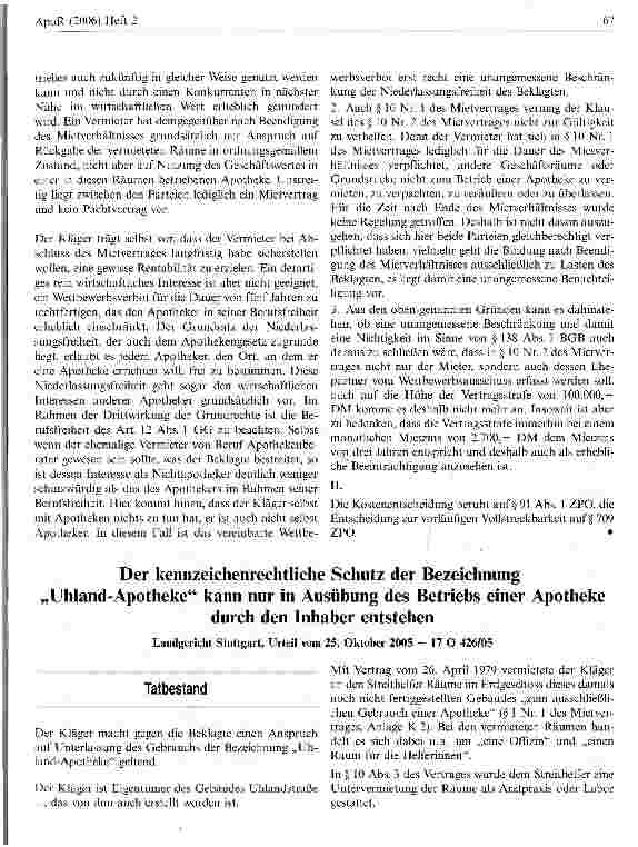 Vorschauseite 1: Der kennzeichenrechtliche Schutz der Bezeichnung Uhland-Apotheke kann nur in Ausübung des Betriebs einer Apotheke durch den Inhaber entstehen