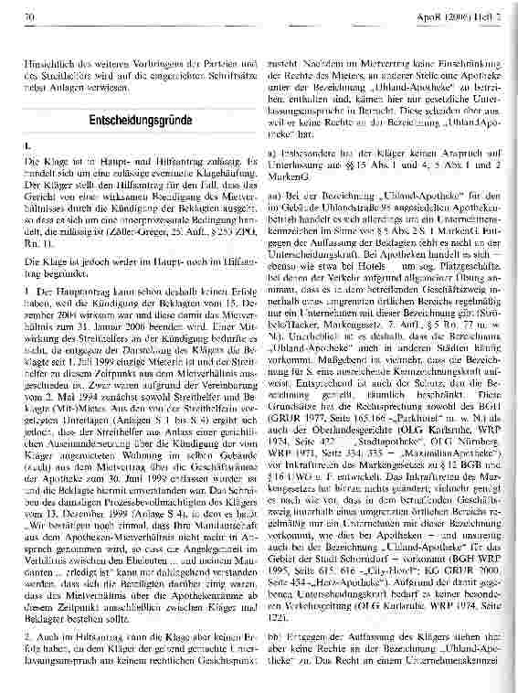 Vorschauseite 3: Der kennzeichenrechtliche Schutz der Bezeichnung Uhland-Apotheke kann nur in Ausübung des Betriebs einer Apotheke durch den Inhaber entstehen