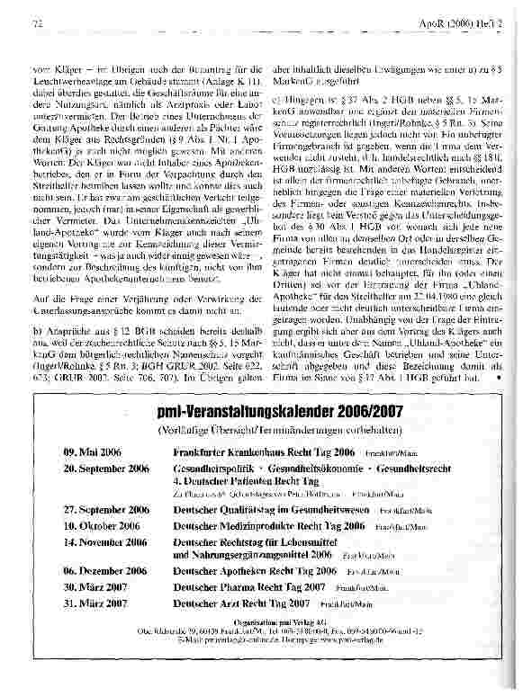 Vorschauseite 5: Der kennzeichenrechtliche Schutz der Bezeichnung Uhland-Apotheke kann nur in Ausübung des Betriebs einer Apotheke durch den Inhaber entstehen