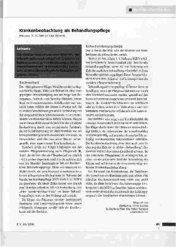 Vorschauseite 1: Krankenbeobachtung als BehandlungspflegeBSG vom 10.11.2005 (B 3 KR 38/04 R)