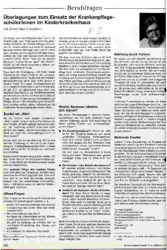 Vorschauseite 1: Überlegungen zum Einsatz der Krankenpflegeschüler/innen im Kinderkrankenhaus