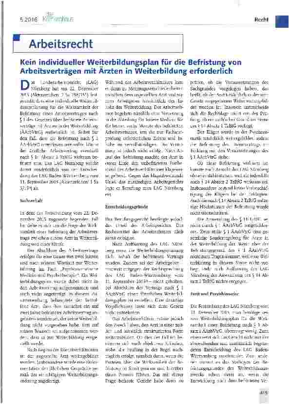 Vorschauseite 1: Kein individueller Weiterbildungsplan für die Befristung von Arbeitsverträgen mit Ärzten in Weiterbildung erforderlich