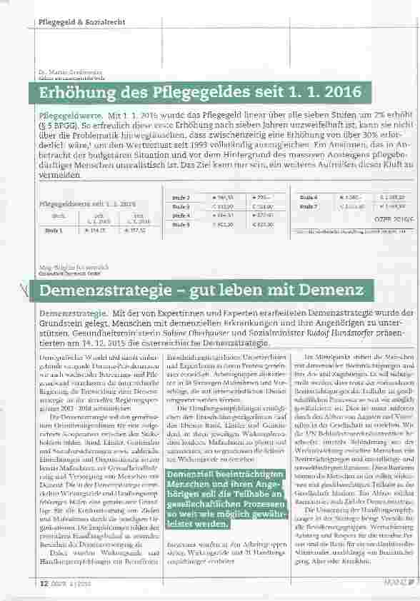 Vorschauseite 1: Erhöhung des Pflegegeldes seit 1.1. 2016