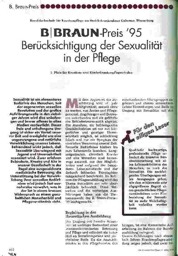 Vorschauseite 1: B/Braun-Preis 95 Berücksichtigung der Sexualität in der Pflege 1. Platz für Krankenund Kinderkrankenpflegeschulen