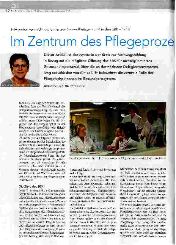 Vorschauseite 1: Integration von nicht diplomiertem Gesundheitspersonal in den SBK - Teil 2 Im Zentrum des Pflegeprozesses