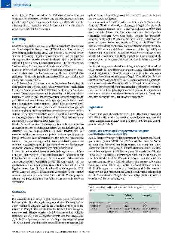Vorschauseite 2: Anzahl und Zusammensetzung von Pflegekräften und Bettenzahlen in stationären Einrichtungen der spezialisierten Hospizund Palliativversorgung in Nordrhein-Westfalen eine repräsenta…