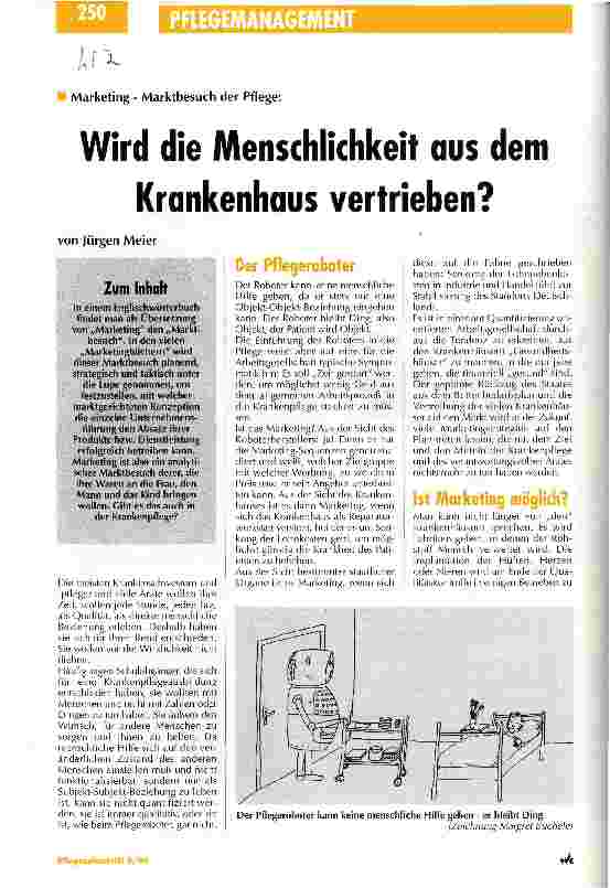 Vorschauseite 1: Wird die Menschlichkeit aus dem Krankenhaus vertrieben? Marketing - Marktbesuch der Pflege