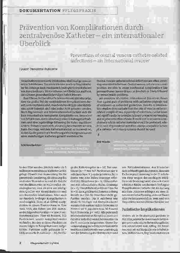 Vorschauseite 1: Prävention von Komplikationen durch zentralvenöse Katheterein internationaler Überblick