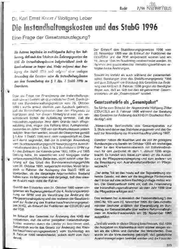 Vorschauseite 1: Die Instandhaltungskosten und das StabG 1996