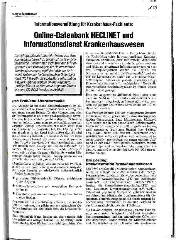 Vorschauseite 1: Online-Datenbank HECLINET und Informationsdienst Krankenhauswesen Informationsvermittlung für Krankenhaus-Fachleute