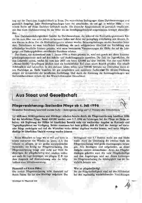 Vorschauseite 1: Aus Staat und Gesellschaft Pflegeversicherung: Stationäre Pflege ab 1. Juli 1996