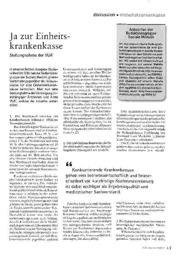 Vorschauseite 1: Ja zur Einheitskrankenkasse