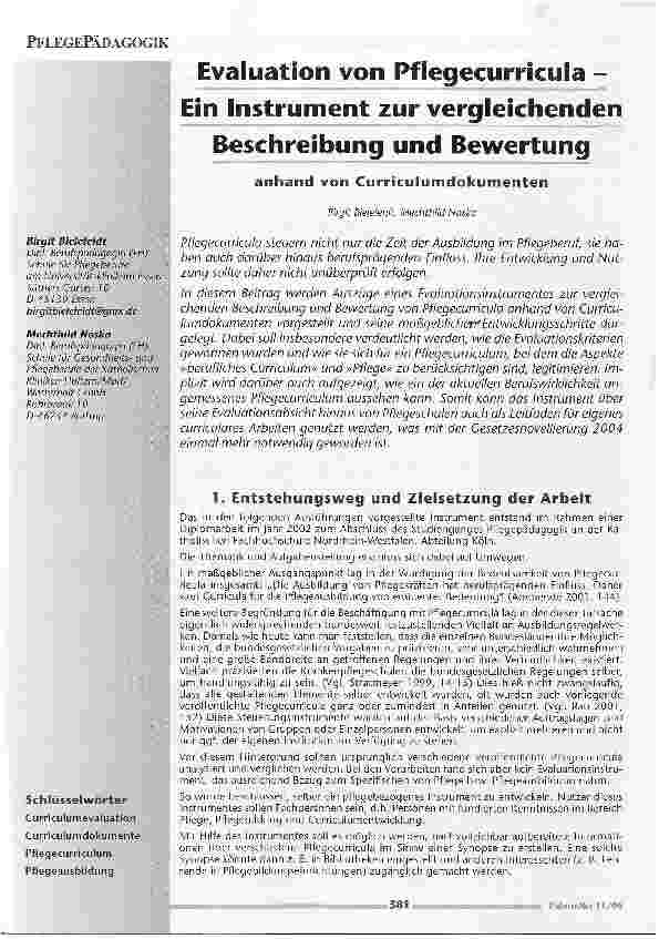 Vorschauseite 1: Evaluation von Pflegecurricula - Ein Instrument zur vergleichenden Beschreibung und Bewertung anhand von Curriculumdokumenten