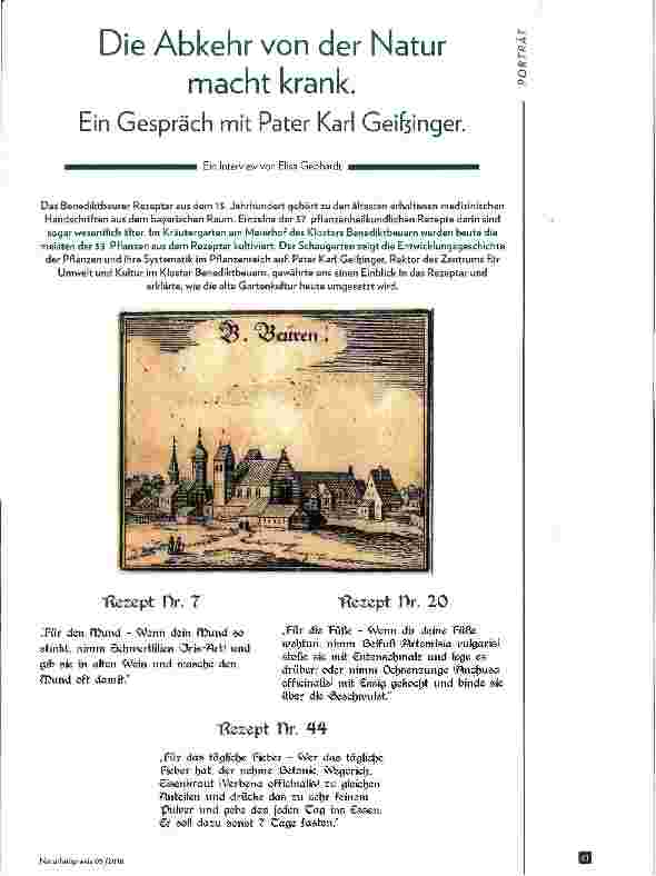 Vorschauseite 1: Die Abkehr von der Natur macht krank. Ein Gespräch mit Pater Karl Geifeinger.