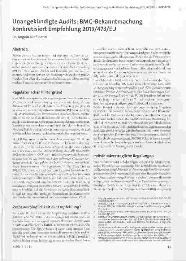 Vorschauseite 1: Unangekündigte Audits: BMG-Bekanntmachung konkretisiert Empfehlung 2013/473/EU