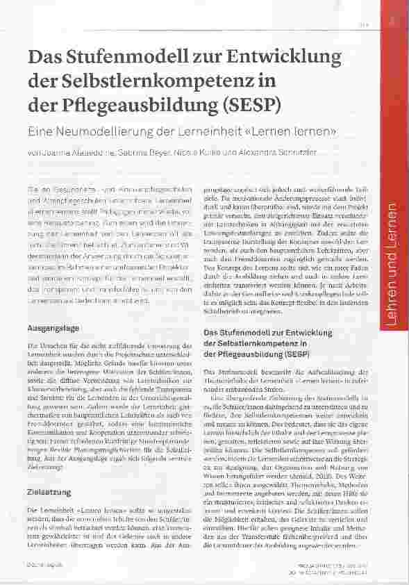 Vorschauseite 1: Das Stufenmodell zur Entwicklung der Selbstlernkompetenz in der Pflegeausbildung (SESP)Eine Neumodeilierung der Lerneinheit «Lernen lernen»