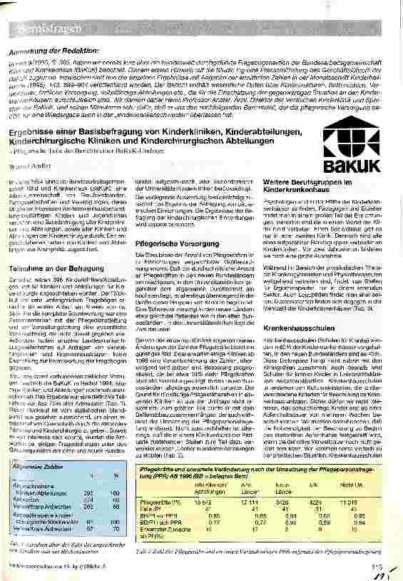 Vorschauseite 1: Ergebnisse einer Basisbefragung von Kinderkliniken, Kinderabteilungen, Kinderchirurgische Kliniken und Kinderchirurgischen Abteilungen Pflegerische Teile des Berichts einer BaKuK-…