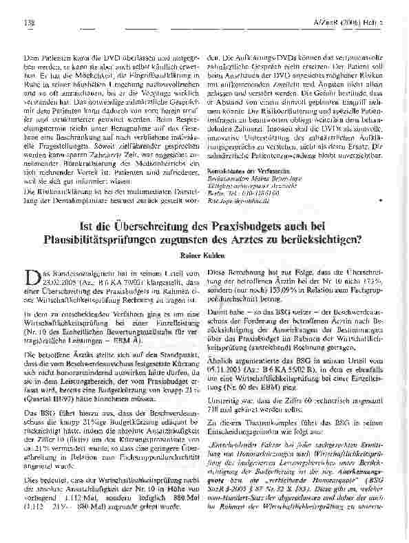 Vorschauseite 1: Ist die Überschreitung des Praxisbudgets auch bei Plausibilitätsprüfungen zugunsten des Arztes zu berücksichtigen?