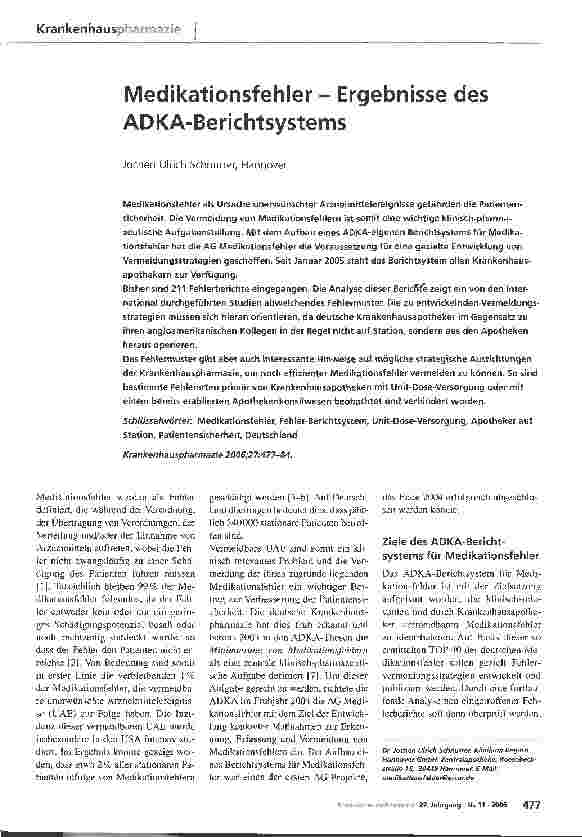 Vorschauseite 1: Medikationsfehler - Ergebnisse des ADKA-Berichtsystems