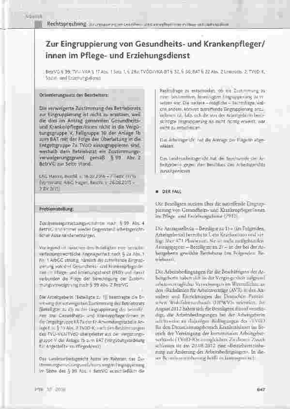 Vorschauseite 1: Zur Eingruppierung von Gesundheitsund Krankenpfleger/ innen im Pflegeund Erziehungsdienst