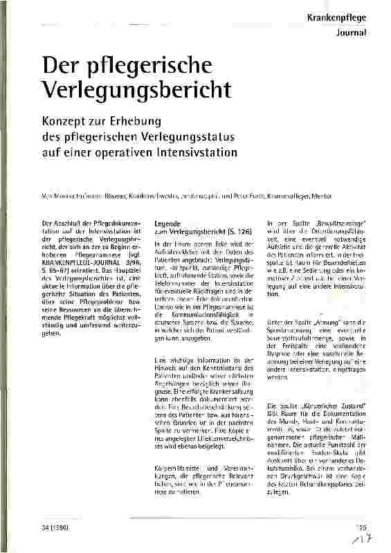 Vorschauseite 1: Der pflegerische Verlegungsbericht Konzept zur Erhebung des pflegerischen Verlegungsstatus auf einer operativen Intensivstation