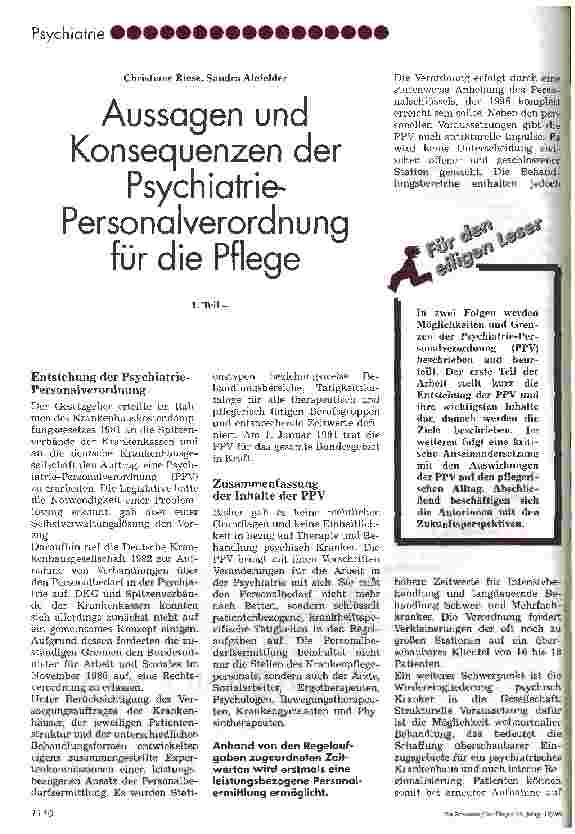 Vorschauseite 1: Aussagen und Konsequenzen der Psychiatrie-Personalverordnung für die Pflege - 1. Teil -