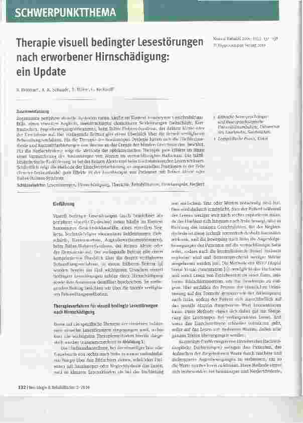 Vorschauseite 1: Therapie visuell bedingter Lesestörungen nach erworbener Hirnschädigung: ein Update
